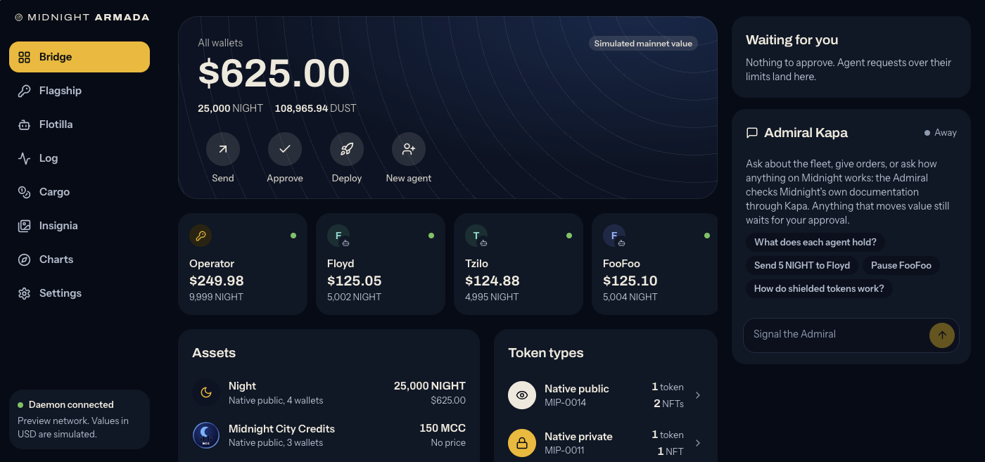The Armada wallet home screen: total balance, operator and three agent wallets, approvals and an assistant